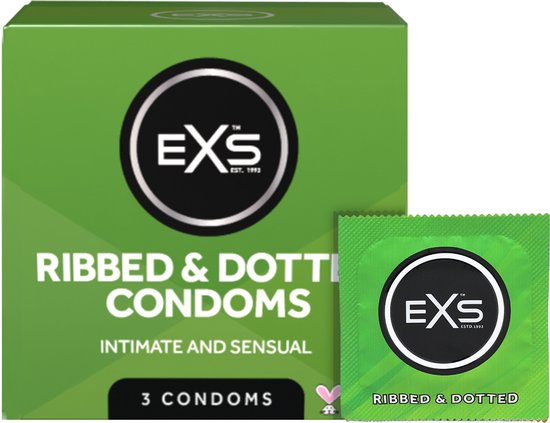Groene doos met 3 EXS Ribbed & Dotted condooms. Inclusief één verpakking.
