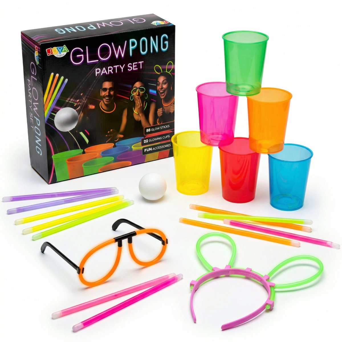 Joya Creative Beerpong Glow in the Dark - Actiespel - Party Game Set - 22x Herbruikbare Glowing Cups - 88x Glow Sticks - Fun Glow Accessories - Inclusief Spelinstructies