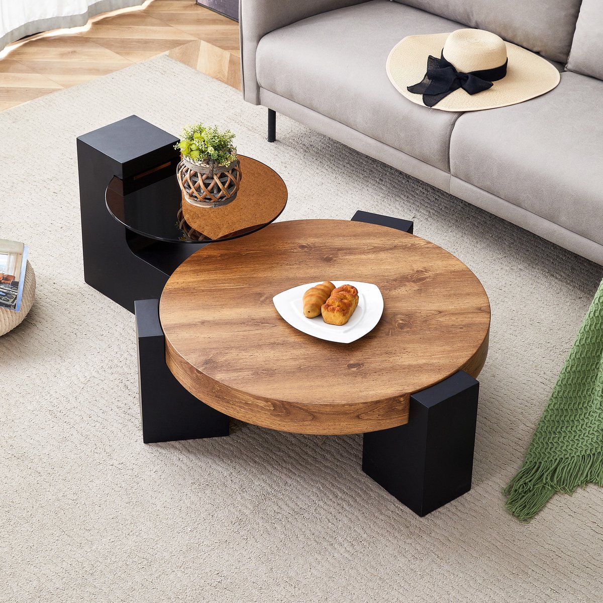 STILVORA Salontafel Rond 61 Cm - Twee Niveaus Met Afneembare Bijzettafel - Glas En Mdf - Voor Woonkamer Slaapkamer Balkon - Zwart Hout