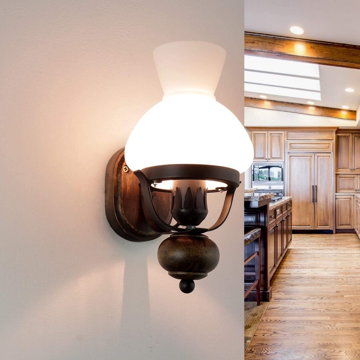 Rustieke Wandlamp van Hout en IJzer met Glas voor Eetkamer of Woonkamer