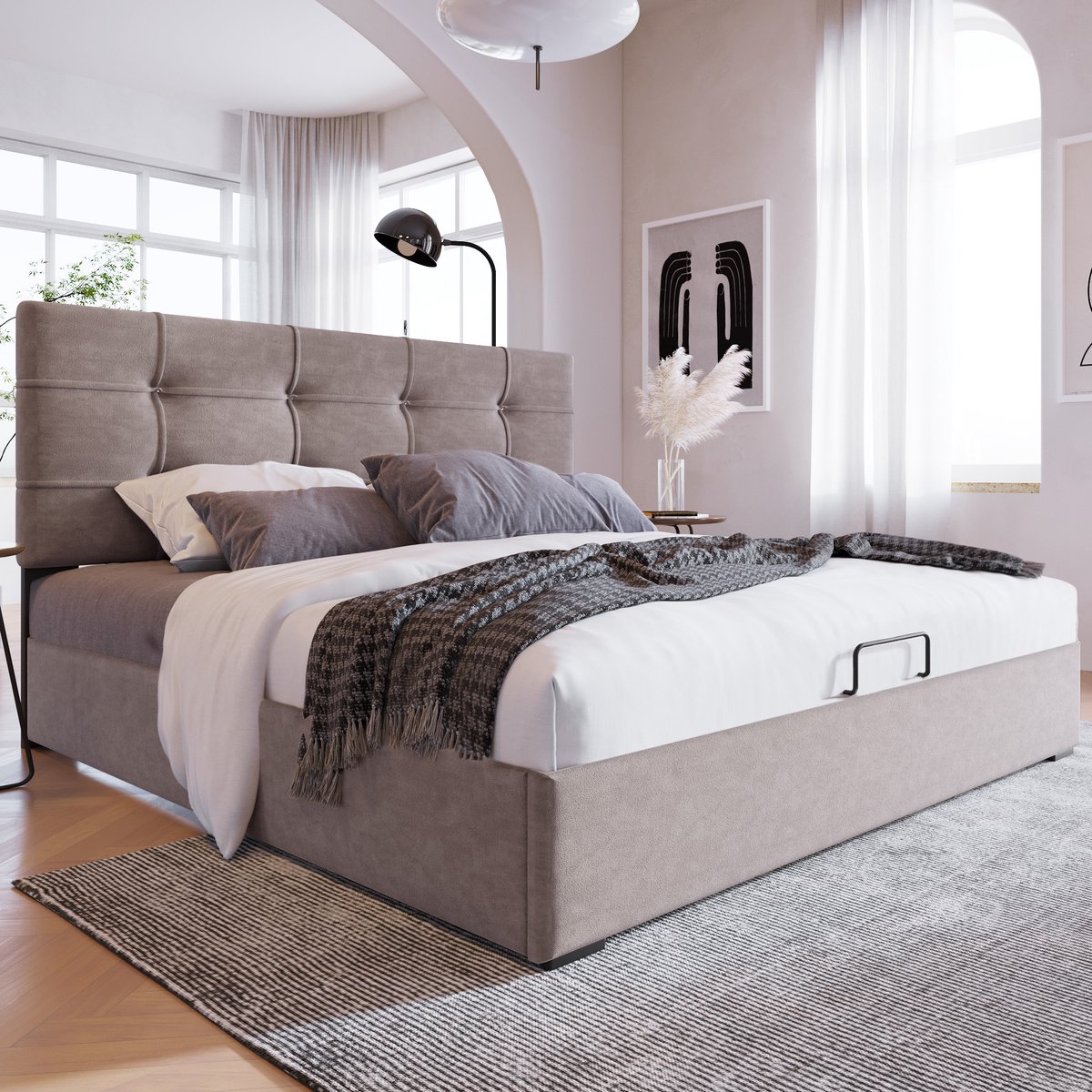 Wishdor Gestoffeerd Tweepersoonsbed 140x200 cm – Verstelbaar Hoofdbord – Bedkist met Hydraulische Lift – Fluweel – Lichtgrijs