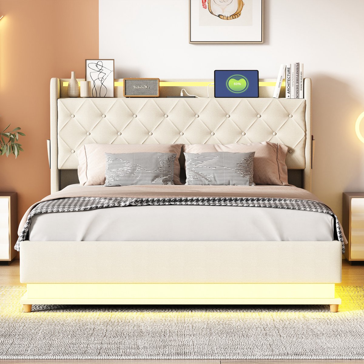 Wishdor Led-Boxspringbed 140 X 200 Cm - Usb-Laadaansluiting - Hydraulische Opbergruimte - Metalen Lattenbodem - Linnen Stof - Beige