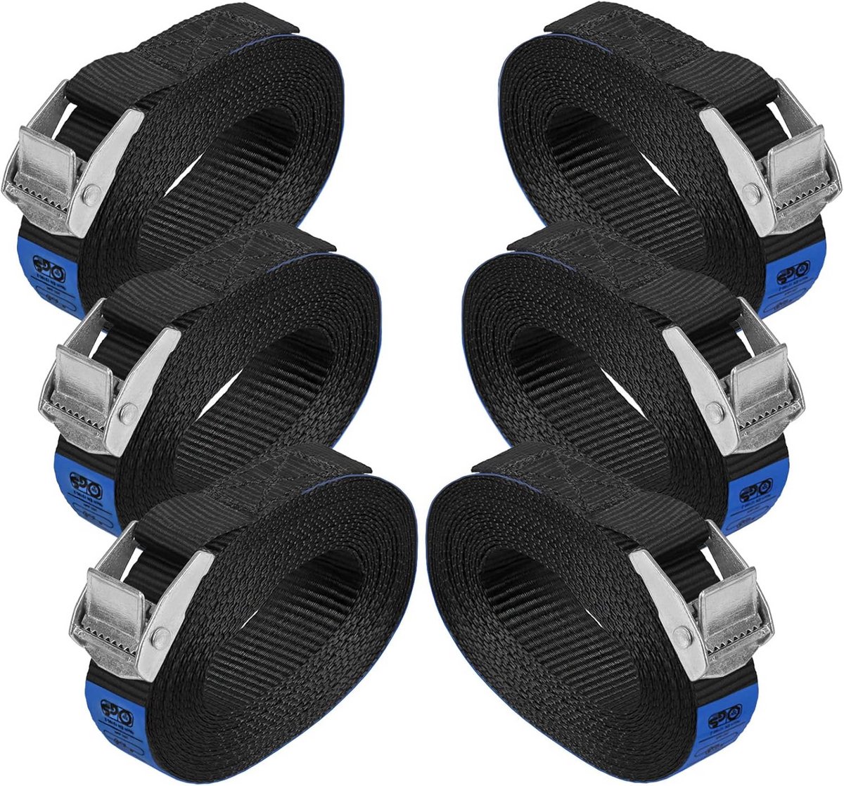 Set van 6 Spanbanden met Klemgesp Zwart 2.5 cm x 2.5 m - Draagkracht 250 kg