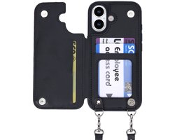 CaseBoutique Backcase hoesje geschikt voor iPhone 17 - Effen Zwart - Kunstleer - Crossbody Hoesje Koord - Pasjeshouder voor 3 passen - Ritsvakje