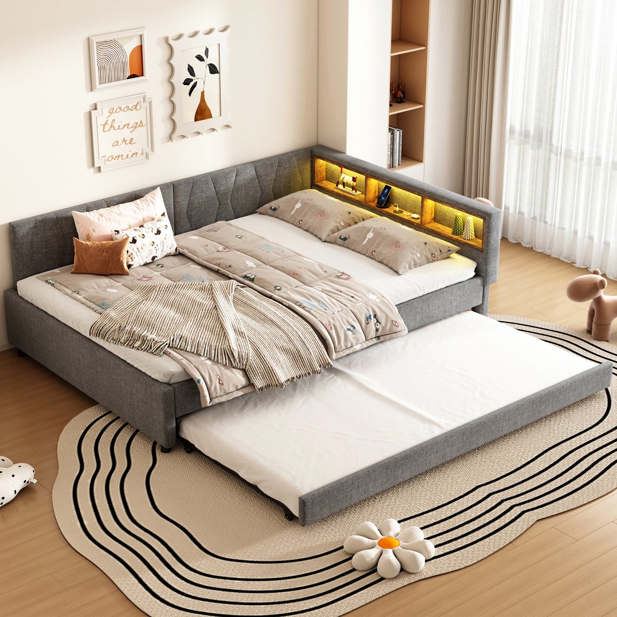 FloraGrace Daybed 140x200cm – Met USB En Type C Oplaadpunt – Uitschuifbed – Met Opbergvakken – Linnen – Zonder Matras – Grijs