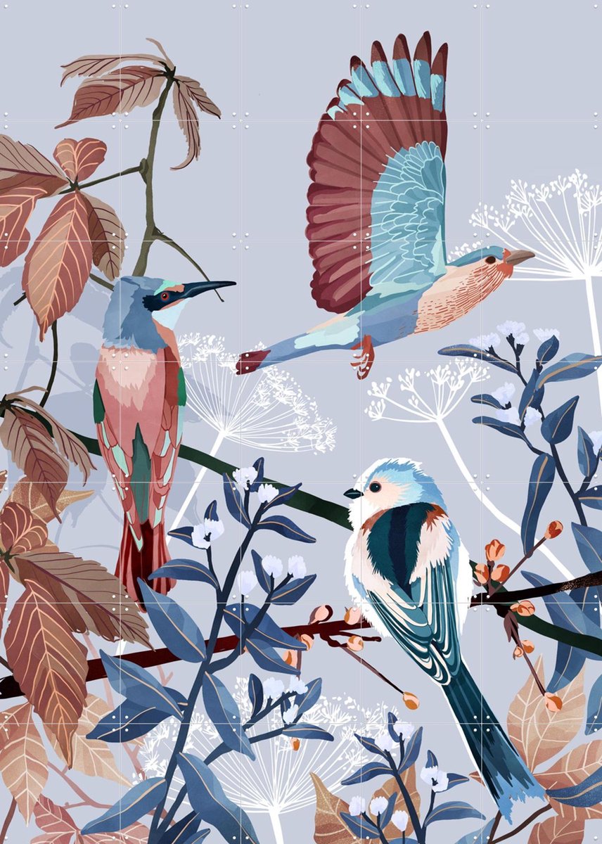 IXXI Birds of Winter, Goed Blauw - 100 x 140 cm - Gratis ophangtool - Grote wanddecoratie en posters - Illustraties, Botanisch, Natuur, Vogels