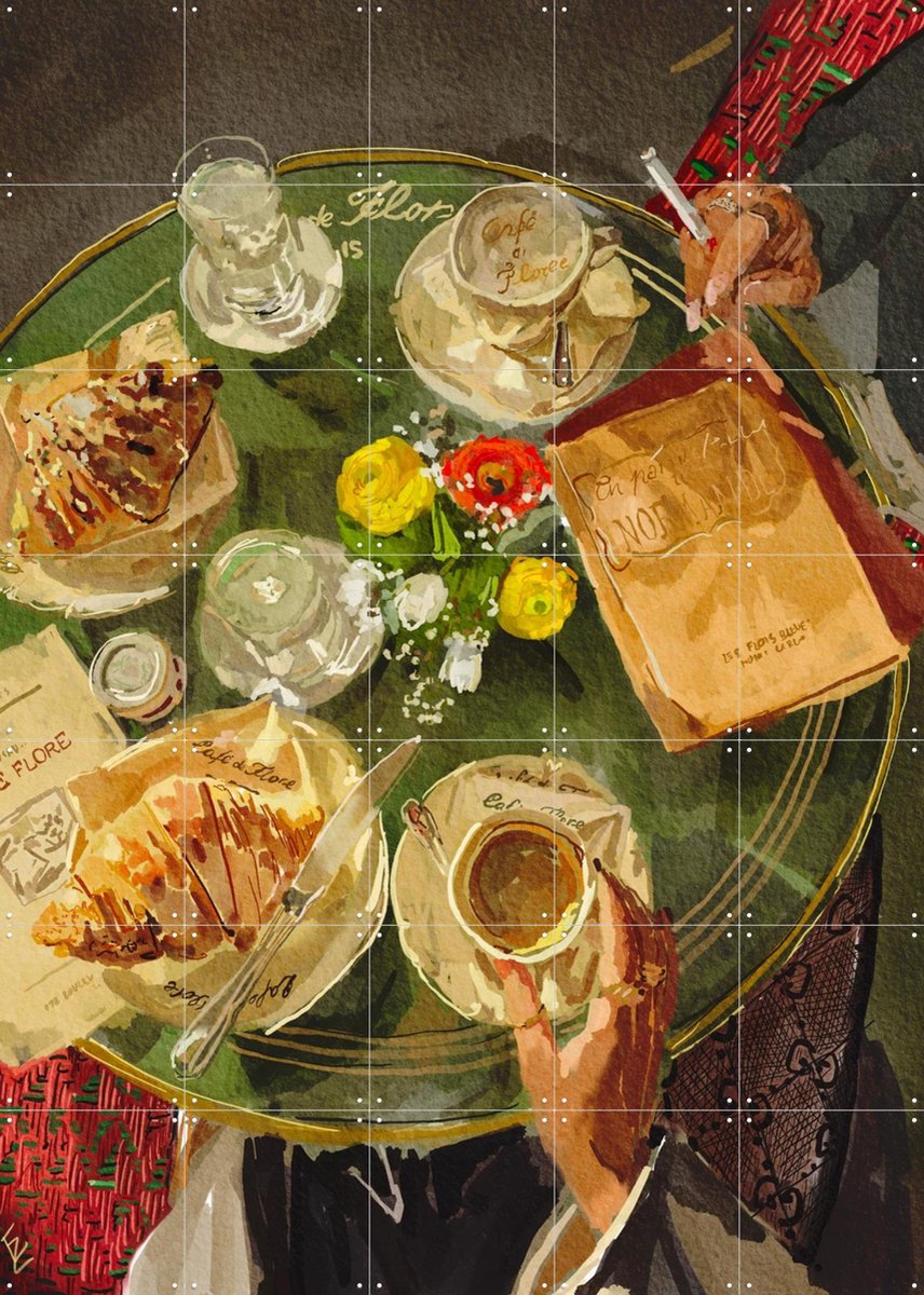 IXXI Croissant at Caffe de Flore, Ekaterina Zagorska - 100 x 140 cm - Gratis ophangtool - Grote wanddecoratie en posters - Speels, Aquarel