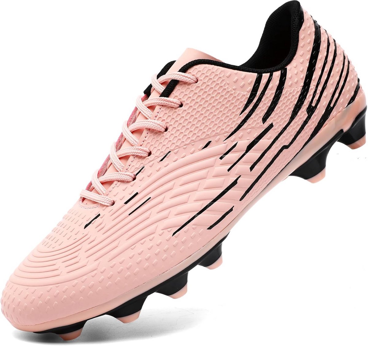 Heren voetbalschoenen in lichtroze met hoge noppen voor gras en zaal, antislip en optimale grip.