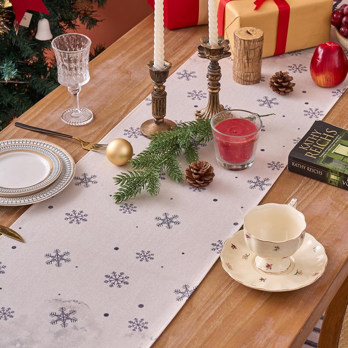 Tafelrunner Kerst Tafelkleed Linnen Winter met Herten en Pijnbomen - 33x183 cm
