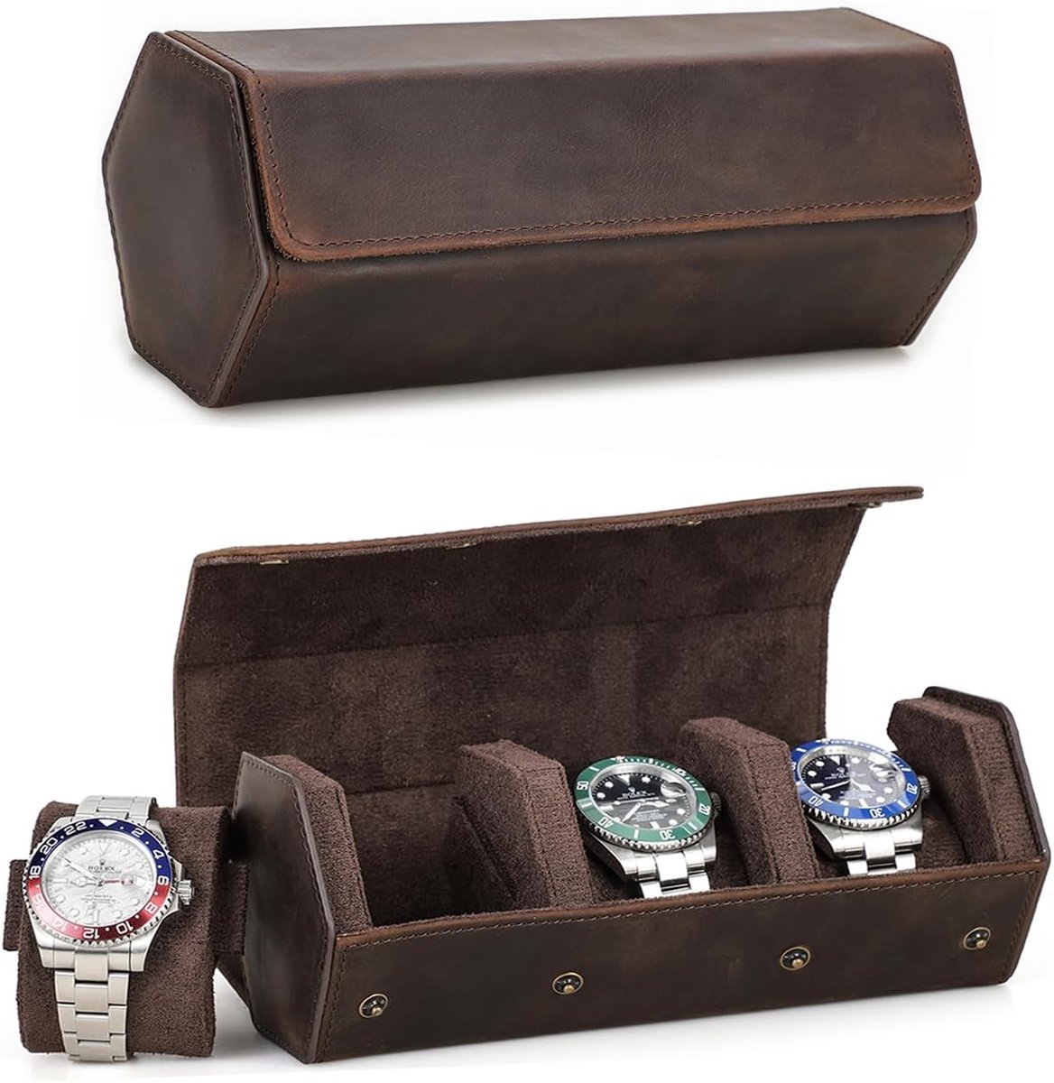 Horloge Koffer - Horloge Opberger - Veilige Opslag - Drie Vakken - 9.5 x 21 x 8.6 cm - Bruin