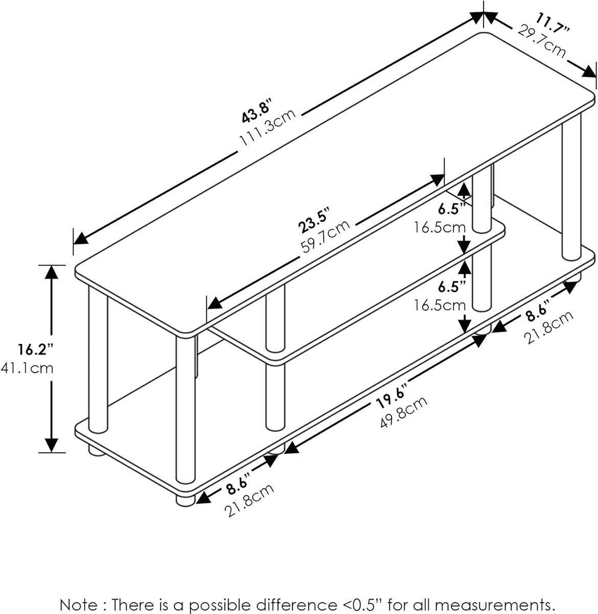 TV Meubel Casa Velluto WalnutFrame 111 cm – Compact TV Rek met 3 Planken – Walnoot/Zwart Houtlook Media Meubel – TV Tafel voor Televisies tot 50 Inch – Ruimtebesparend Entertainment Meubel voor Woonkamer, Slaapkamer en Gamehoek
