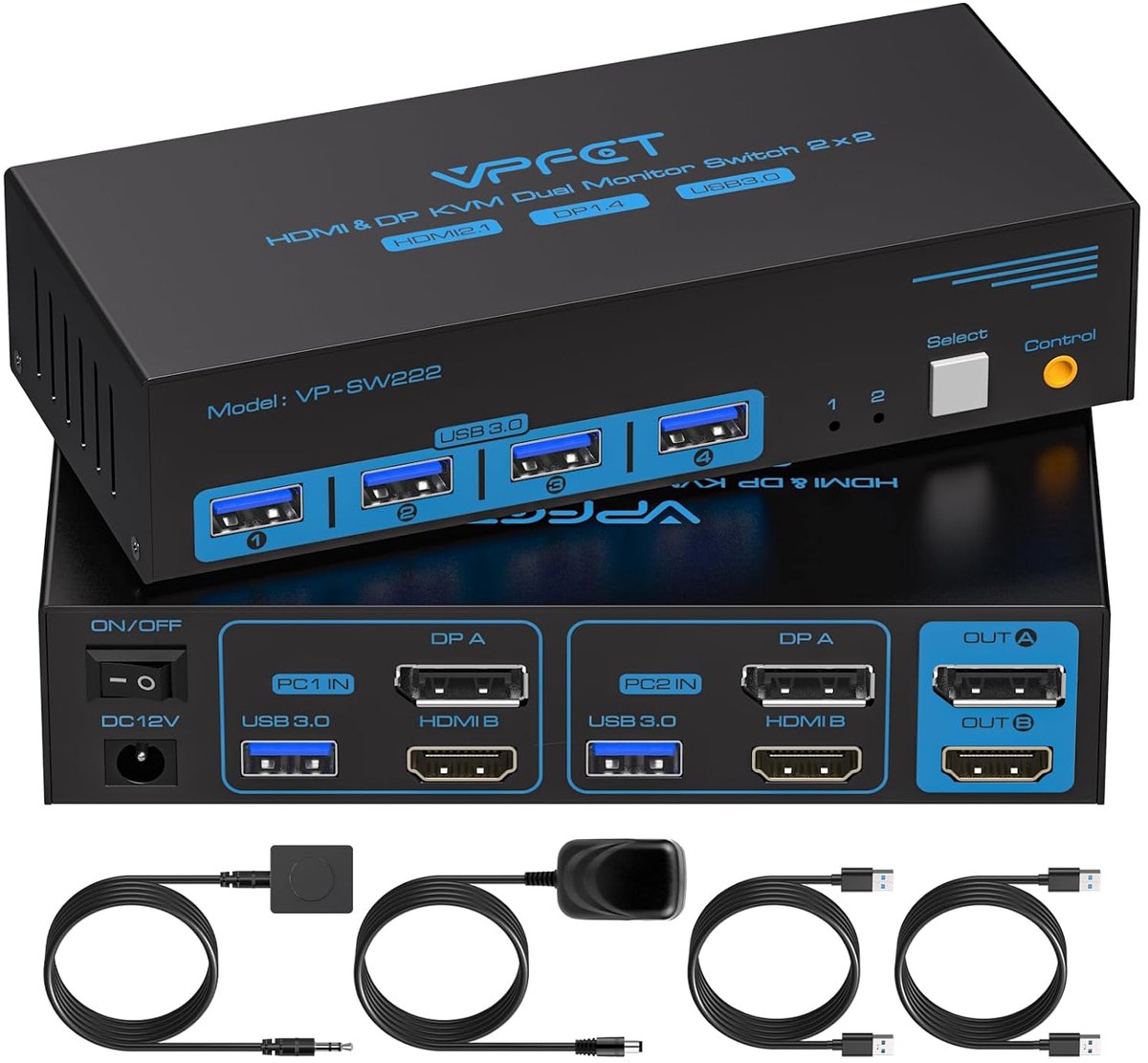 KVM Switch 8K 60Hz met DisplayPort en HDMI voor 2 Monitoren en 4 USB Apparaten