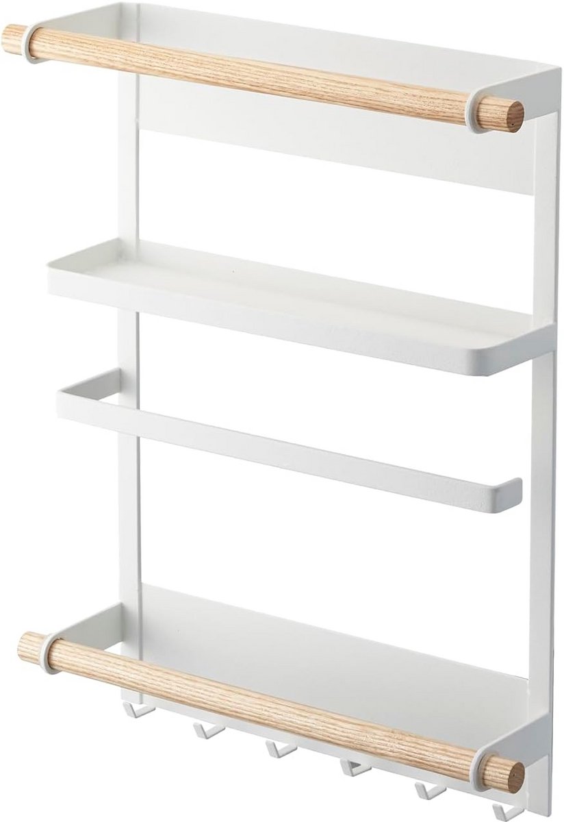 Magnetisch Zijrek voor Koelkast - Keukenorganizer met Haken en Opbergruimte - Wit Staal en Hout