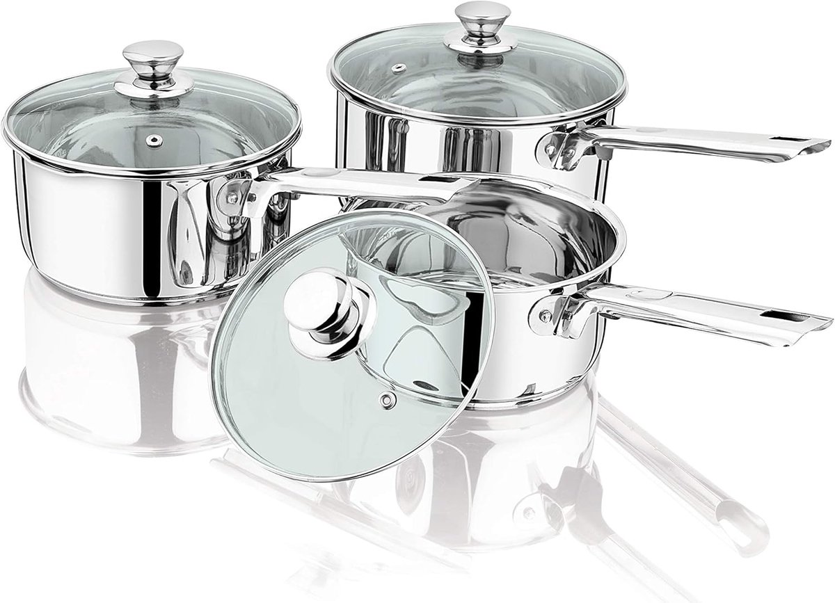 RVS Steel Pannen Set met Glazen Deksel - 3 Delige Steelpan Set