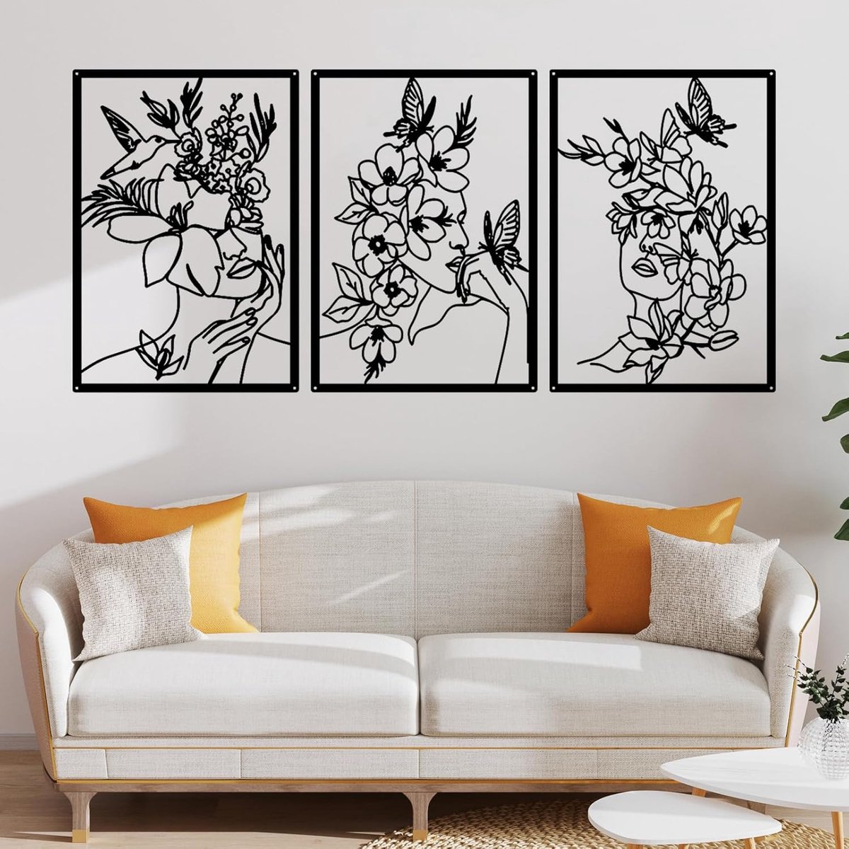 Set van 3 Metalen Wanddecoratie Minimalistisch Vrouw & Bloemen Silhouet Zwart