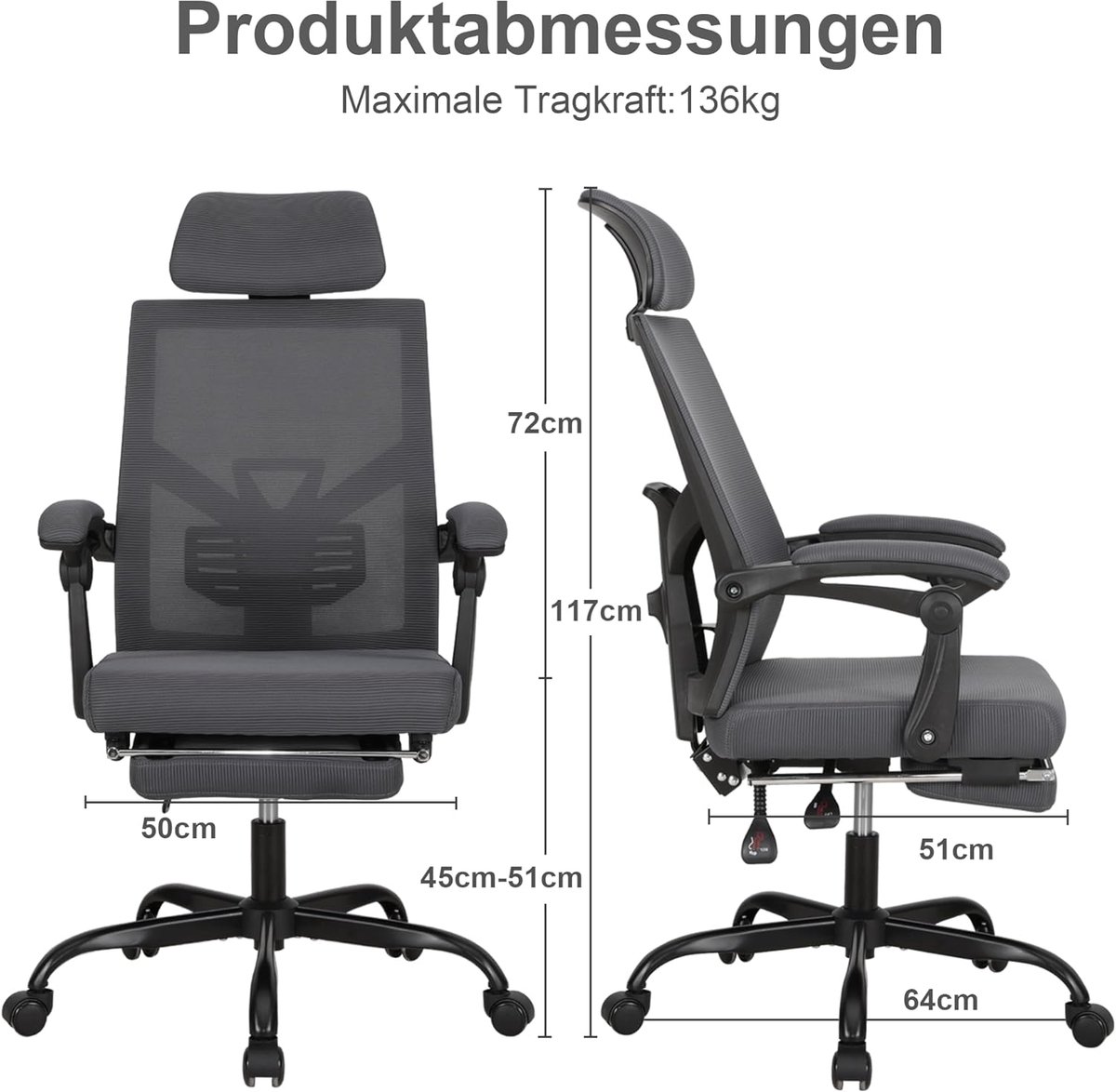 Bureaustoel Casa Velluto Executive Mesh – Ergonomische Draaistoel met Verstelbare Hoofdsteun, Lendensteun, Rugleuning, Voetensteun en Armleuningen – Ademend, Kantelbaar tot 135° – Comfortabele Grijze Office Chair tot 136 kg