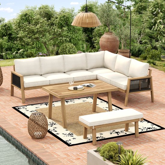 Ensemble de meubles de jardin - canapé d'angle - table basse - artisanat de corde tressée - adapté au jardin - couleur naturelle - beige