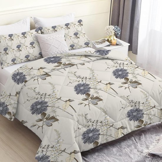 Tweepersoons Dekbed Beige Bloemen Omkeerbaar Lichtgewicht en Warm Voor Alle Seizoenen