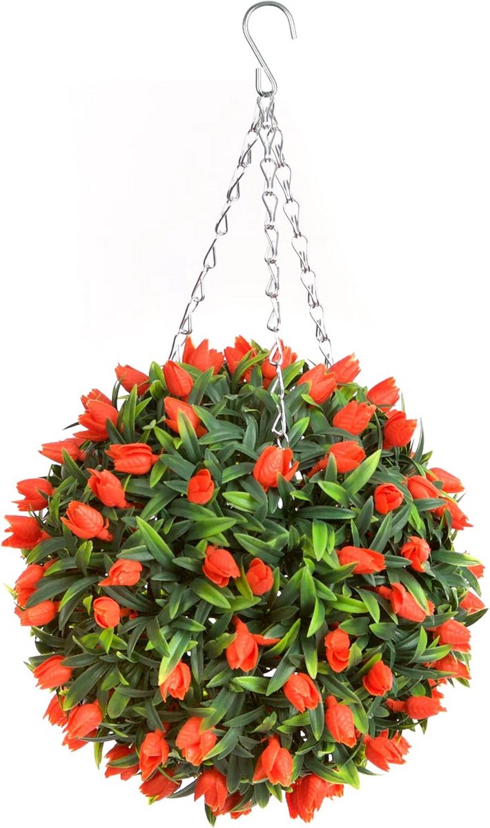 Kunstmatige Tulp Topiary Bal - Weelderige Oranje Bloemen met Lange Bladeren (28cm)