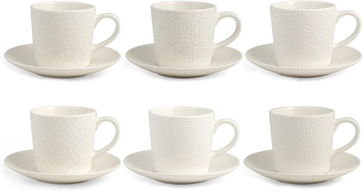 Set van 6 Theekopjes met Borden - Steengoed - Wit - 200 ml