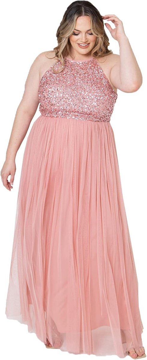 Lange Bruidsmeisjesjurk met Pailletten Halterhals Maxi Jurk voor Feest en Gala
