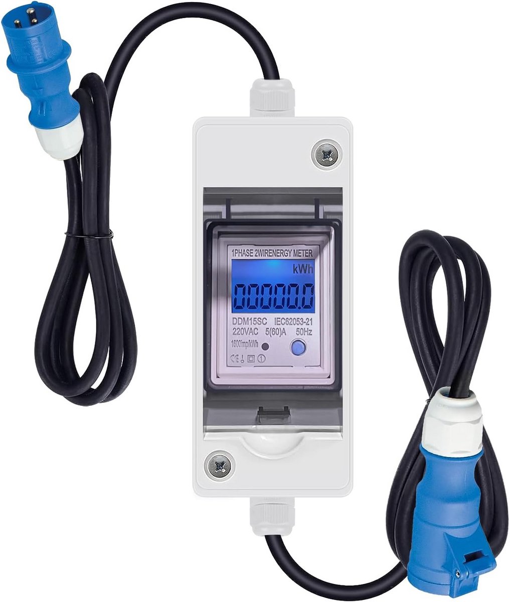 Digitale Stroommeter - Energie Verbruiksmeter - Camper & EV - IP65 Waterdicht - 230V LCD - Blauw