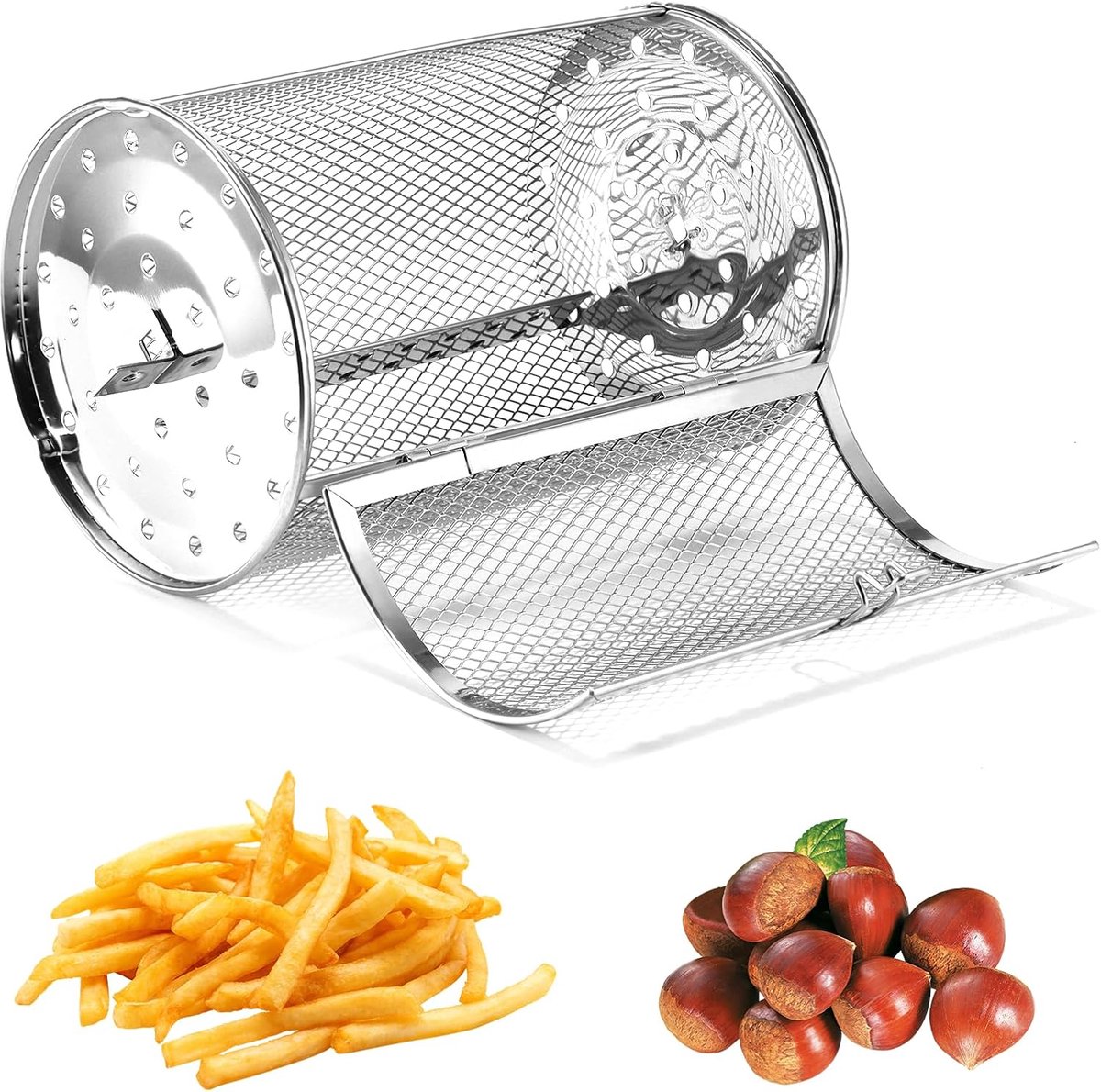 Grillmand Ronde Kooi - Rotisserie Mand - Airfryer Oven - 360 Graden Rotatie - 12x18cm - Zilver