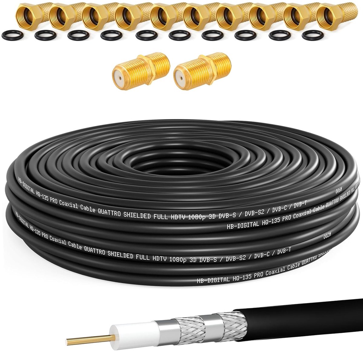 30 Meter Coaxkabel SAT HQ135 PRO | 4-voudig Afgeschermd voor DVB-S/S2, DVB-C/T, DAB+ Radio