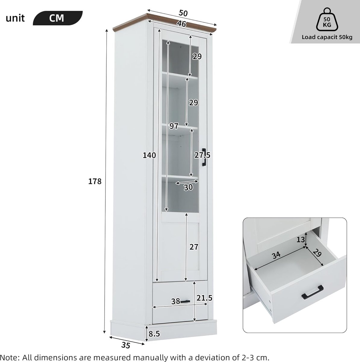 Vitrine met LED Verlichting – Casa Velluto Luminia Elegance 178 cm Hoog Glazen Vitrine – Collectievitrine met Deur en 1 Lade – Glazen Boekenkast met Verstelbare Planken – Wit – Modern Design voor Woonkamer, Eetkamer en Thuiskantoor