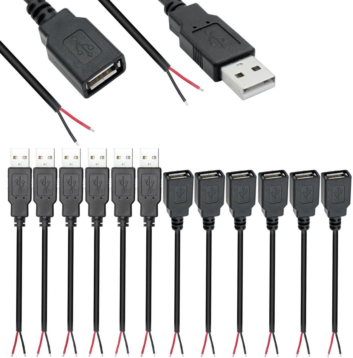 USB A Mannelijk/Vrouwelijk naar Blanke Draad Kabel - 22 AWG DIY Pigtail Stroomkabel (12 Stuks)