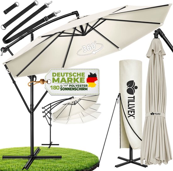 Zweefparasol van 180 g/m² polyester. Inclusief bevestigingsriemen en beschermhoes met TILLVEX logo. Inclusief Duitse vlag-label.
