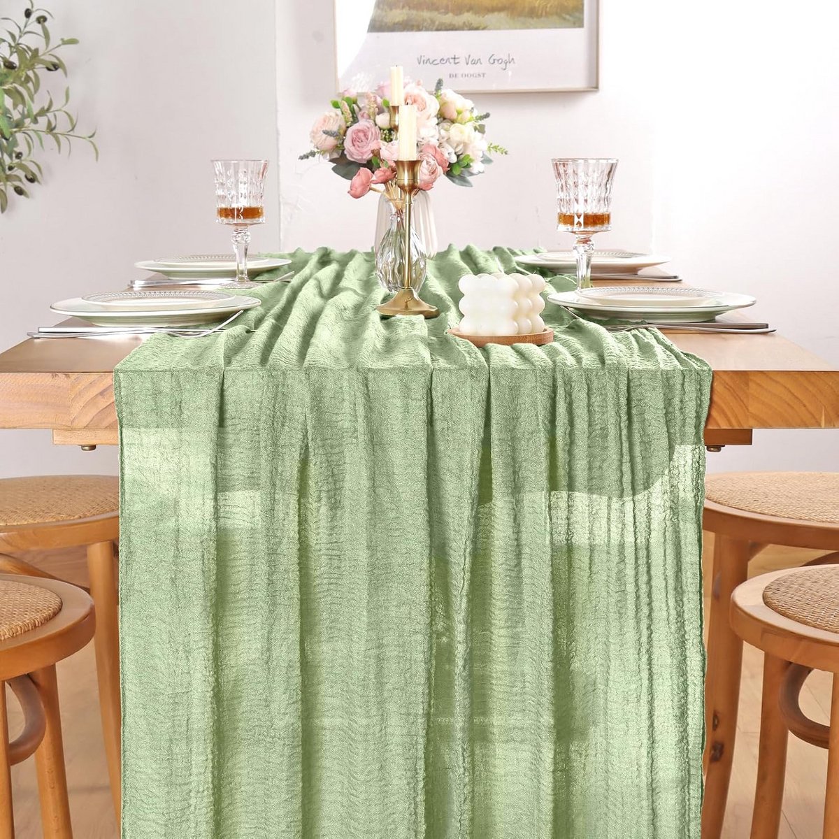 Boho Kaasdoek Tafelloper Groen - Rustieke en Elegante Decoratie voor Feest en Tafel
