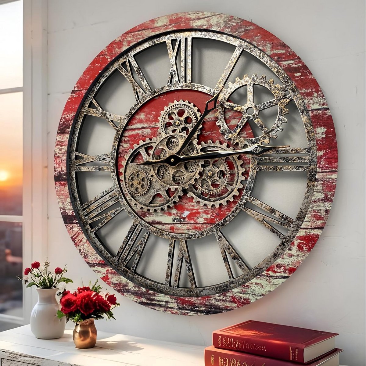 Grote Industriële Wandklok met Bewegende Tandwielen Rustiek Vintage 60 cm