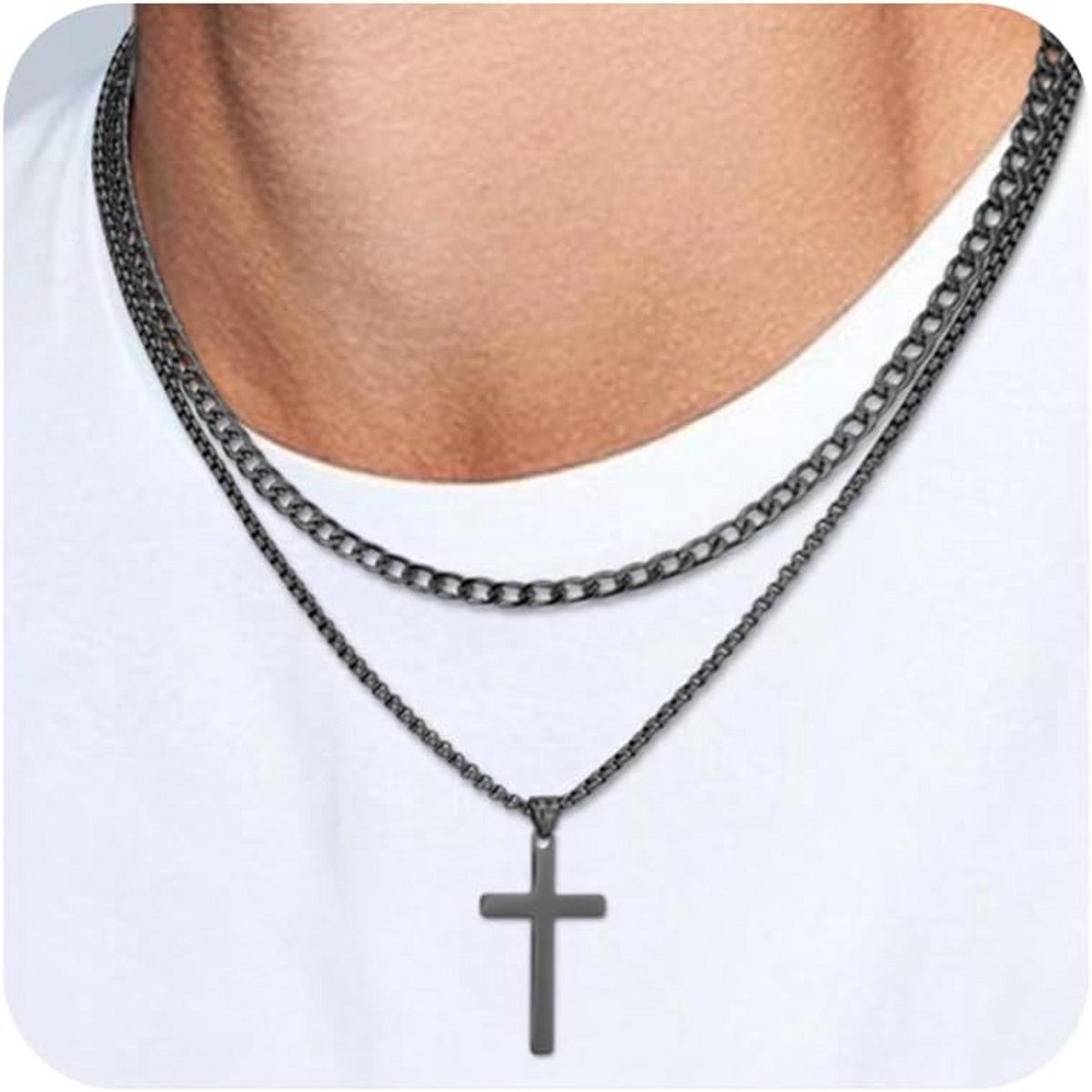 Herenketting Roestvrij Staal Kruis en Gelaagde Stijlen - Verschillende Kleuren en Lengtes