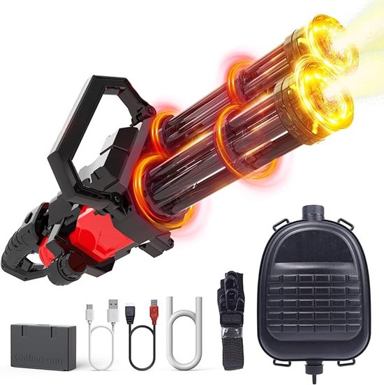Zwarte en rode dubbele loop waterpistool met accessoires: rugzak, oplader, riem, met schietende LED-loop.