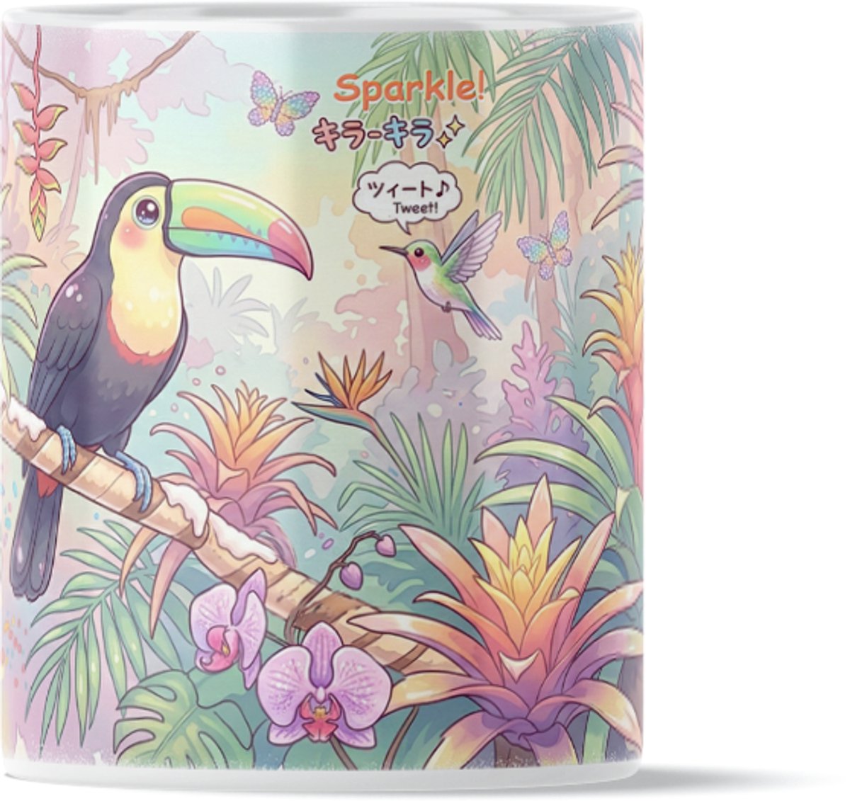 Theemok Kawaii Series Tropische Toekan en Kolibrie in Pastel Jungle met Sparkle Tekst - Schattige Vogels Beker voor op het Werk of Kantoor Bureau - Kleurrijk Cadeau voor haar: Vrouw, Vriendin of Collega - Vrolijke Botanische Print voor Koffiepauzes