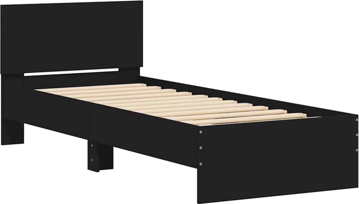Eenpersoons Bedframe met Hoofdbord in Zwart Bewerkte Houtstijl
