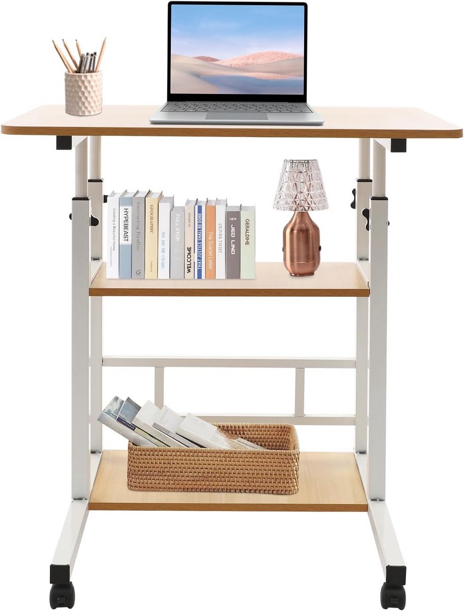 In hoogte Verstelbaar Mobiel Bureau met Wielen en Plank - Compact Laptoptafel