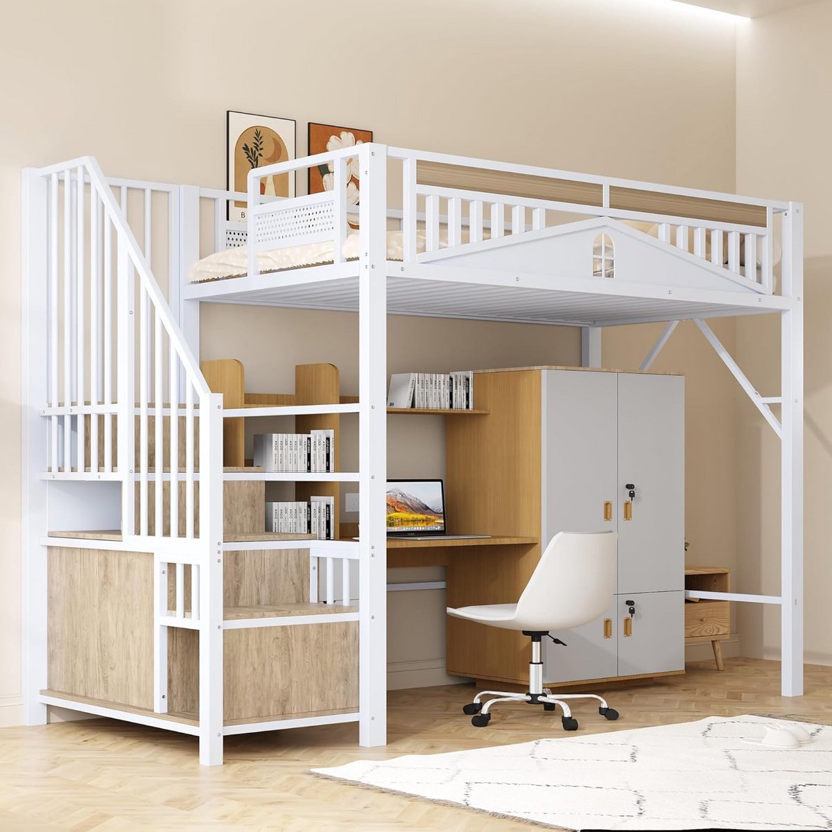 Hoogslaper Metalen Bedframe 90x200 cm Veiligheidshek Wit
