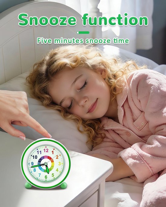 Kinderwekker Analoog Stil Stil Leren Wakker Worden met Nachtlampje en Snooze Groen — afbeelding 4
