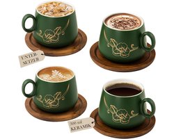 Set van 4 Matte Groene Cappuccino Kopjes met Houten Onderzetters