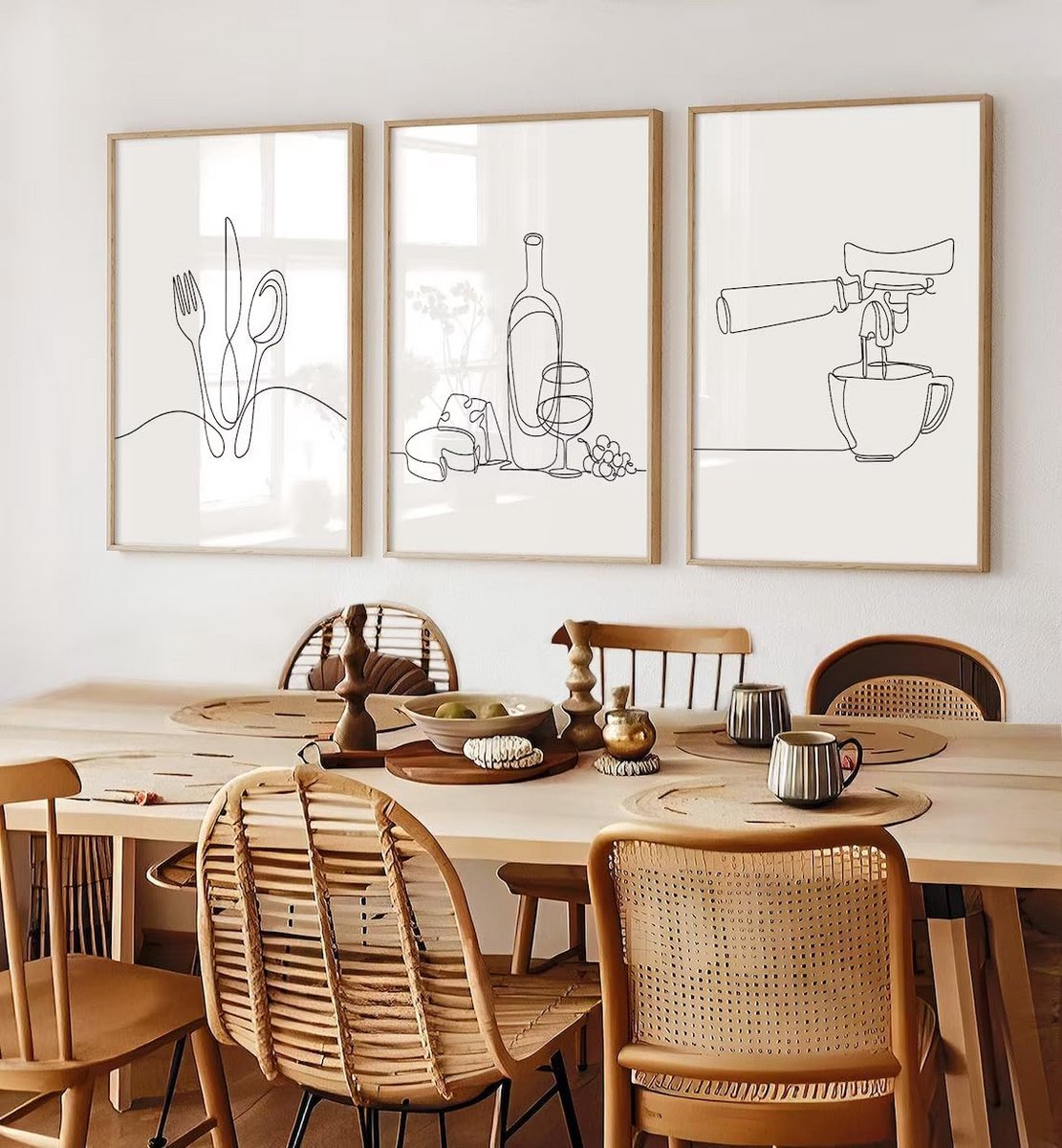 Moderne Lijntekening Keuken Muurkunst Zwart-Wit Abstracte Posters voor Eetkamer en Woonkamer