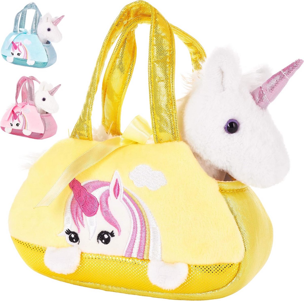 Pluche Eenhoorn in Handtas - Knuffeldier met Tas - Overal Mee Naartoe - Glinsterende Details - 20 cm - Wit