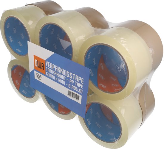 Verpakking met 6 rollen tape, deels transparant, deels bruin.