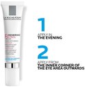 Tube La Roche-Posay Redermic Retinol oogcrème, met instructies 'APPLY IN THE EVENING' en 'APPLY FROM THE INNER CORNER OF THE EYE AREA OUTWARDS'.