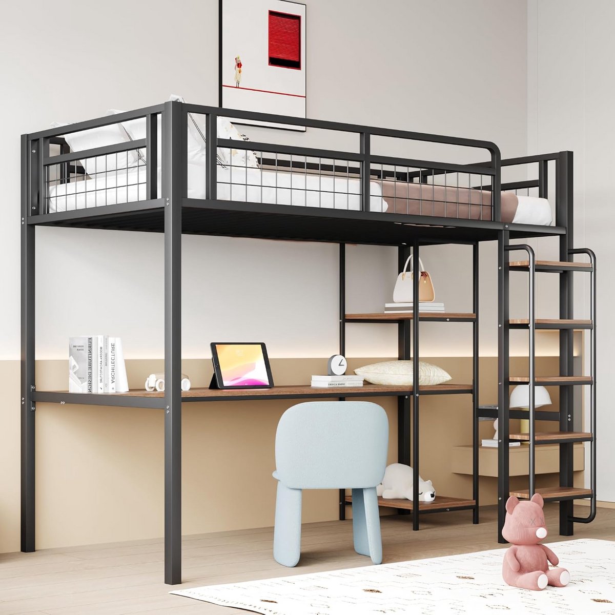 Hoogslaper Metaal 90x200 cm met Bureau en Planken Zwart - Ruimtebesparend Kinderbed