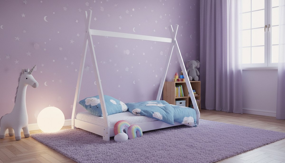 Tipi Kinderbed 70x140 cm – Casa Velluto DreamTeepee® Wit – Massief Grenen Houten Huisbed met Lattenbodem – Peuterbed & Speelbed voor Jongens en Meisjes 2-6 Jaar
