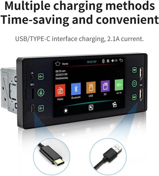 1 DIN Autoradio Met Bluetooth – Handsfree Bellen, FM-tuner, USB/SD/AUX, 4x60W, 18 Voorinstellingen, 7 Kleuren Toetsverlichting, Draadloze Afstandsbediening Inbegrepen