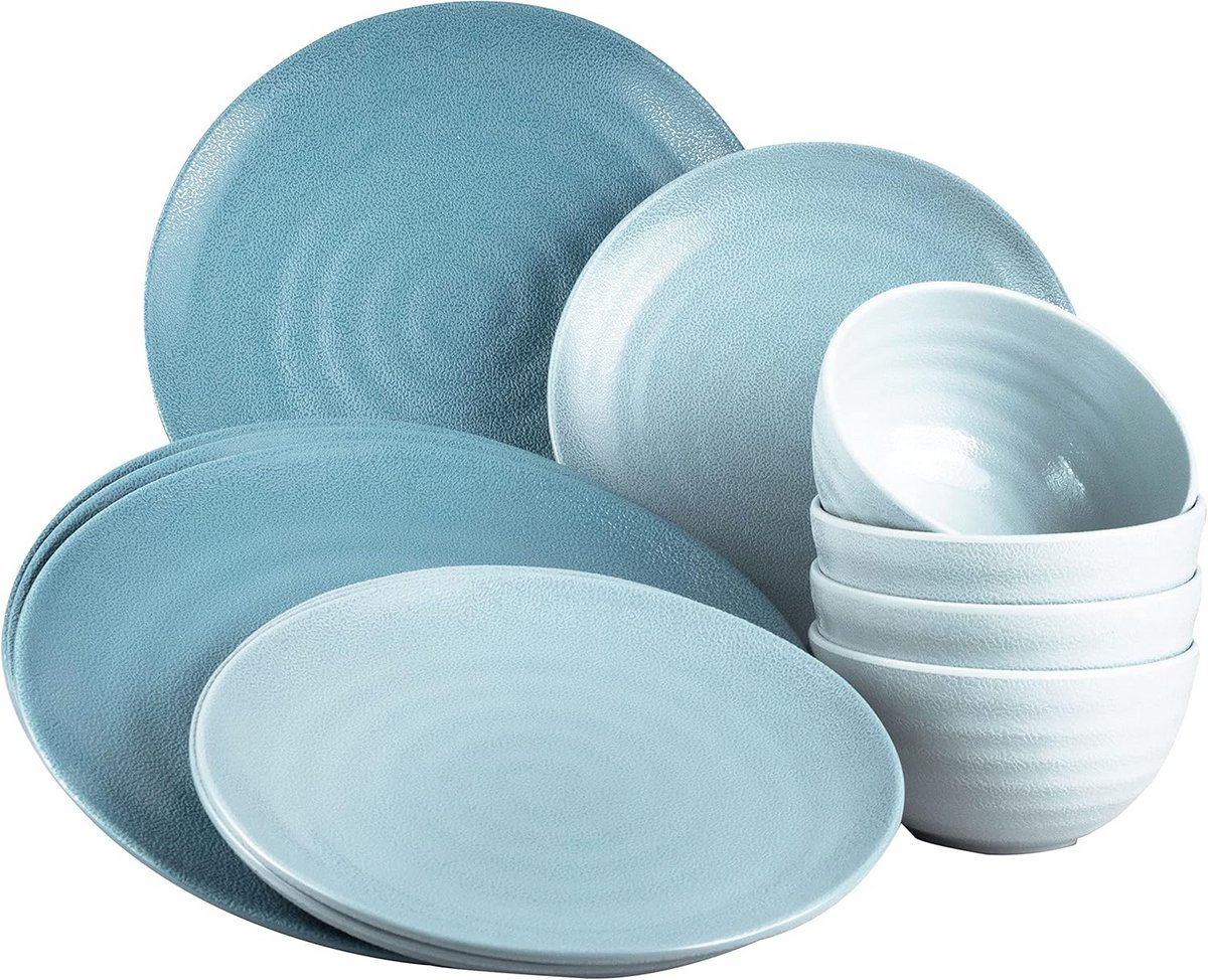 12-delig Melamine Servies Set voor 4 Personen in Blauw Klei Look