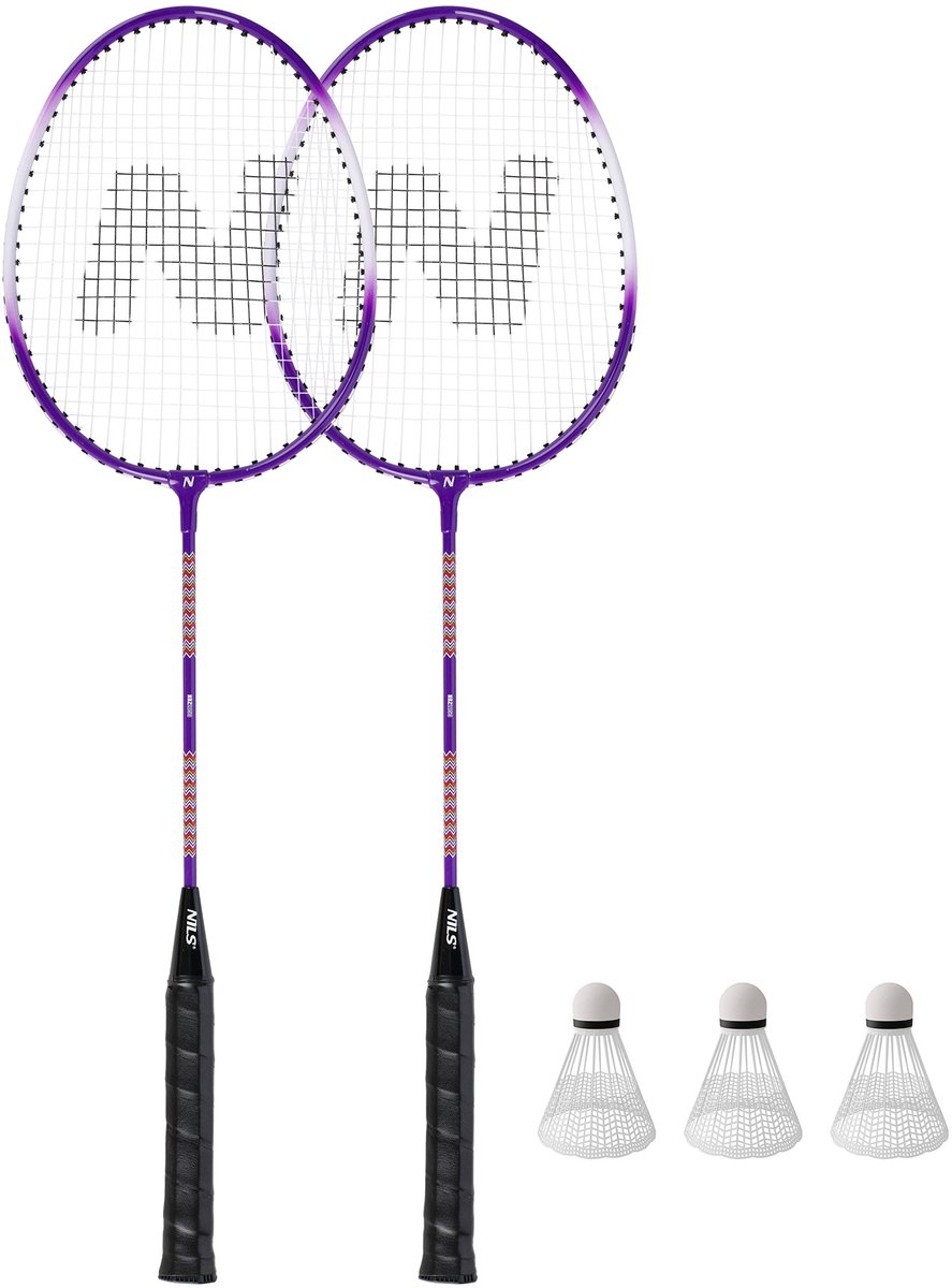 Nils Badmintonset: 2 aluminium rackets, 3 shuttles, hoes